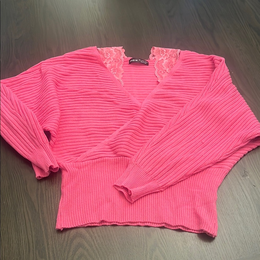 SHEIN Pink Lace-Trimmed V-Neck Sweater